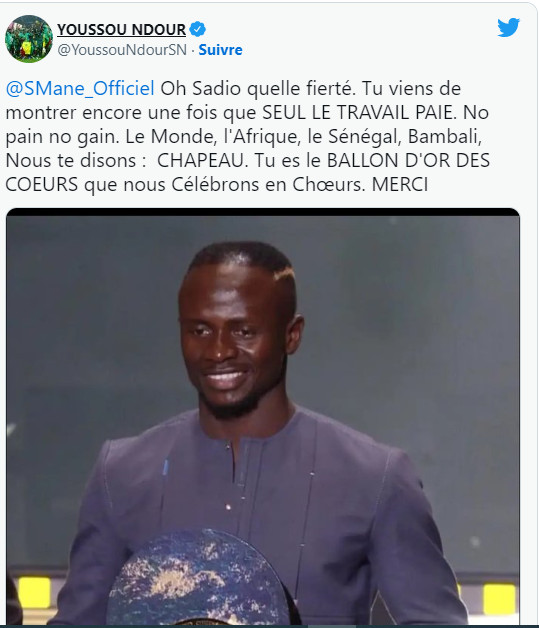 L'hommage de Youssou Ndour à Sadio Mané: "Tu es le Ballon d'Or des cœurs..."