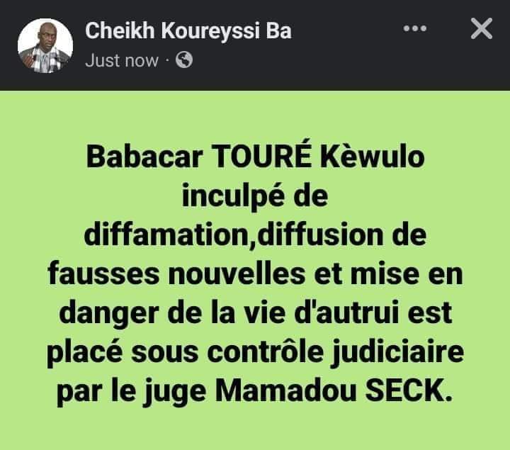 Babacar Touré est libre, mais placé sous contrôle judiciaire