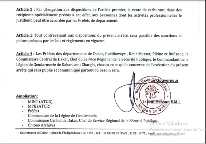 Arrêté du gouverneur de Dakar, portant interdiction temporaire de vente de carburant en vrac