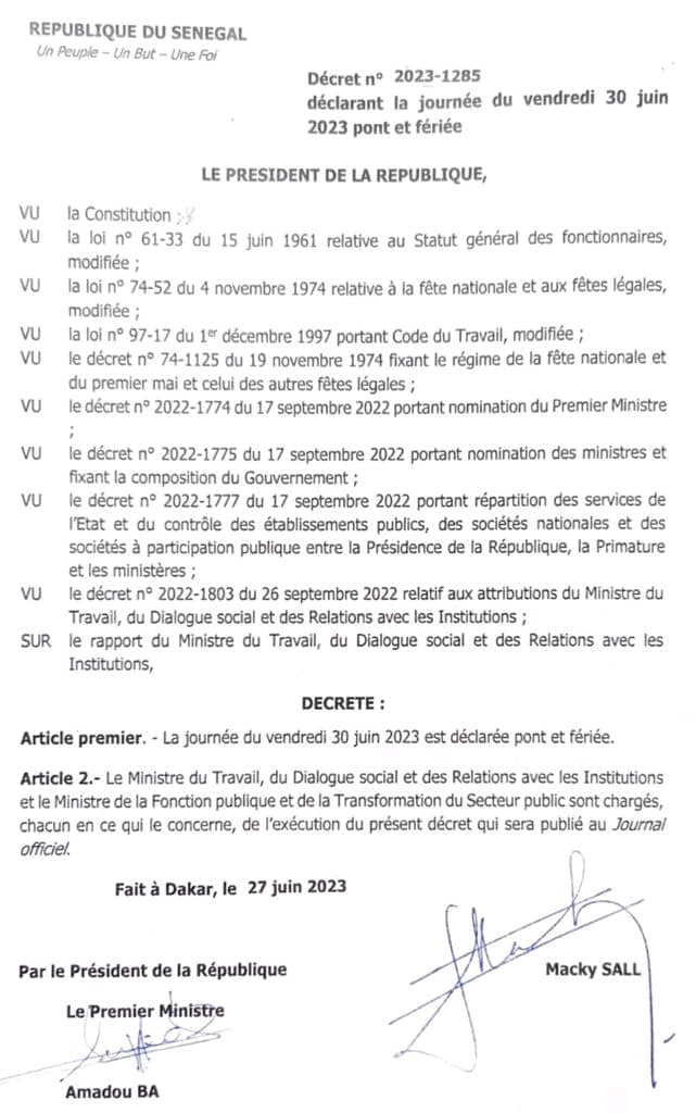 Tabaski: Le vendredi 30 juin 2023 déclaré jour pont et férié