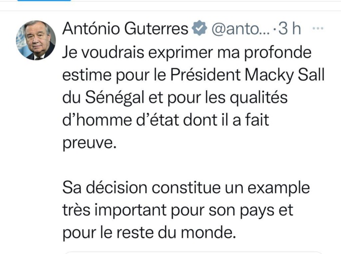 Antonio Guterres, Issoufou Mouhamadou et Umaro Embalo saluent la décision du Président Sall