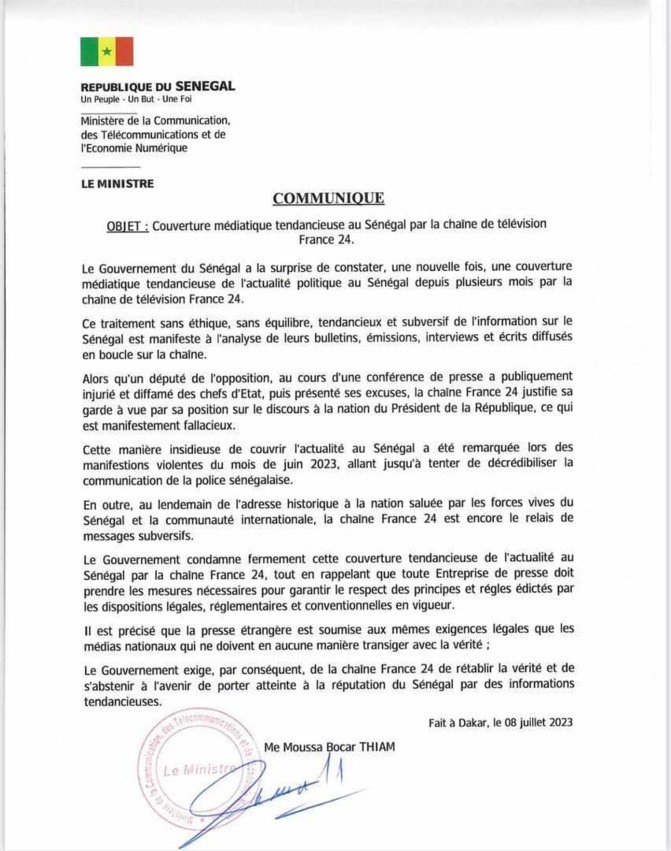 Le Gouvernement accuse France 24 de traitement tendancieux de l'actualité politique au Sénégal et l'exige à rétablir la vérité