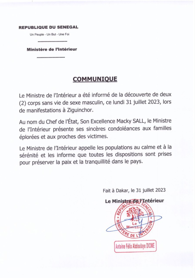 Manifestations à Ziguinchor: Le Ministre de l’Intérieur informé de la découverte de deux corps sans vie de sexe masculin