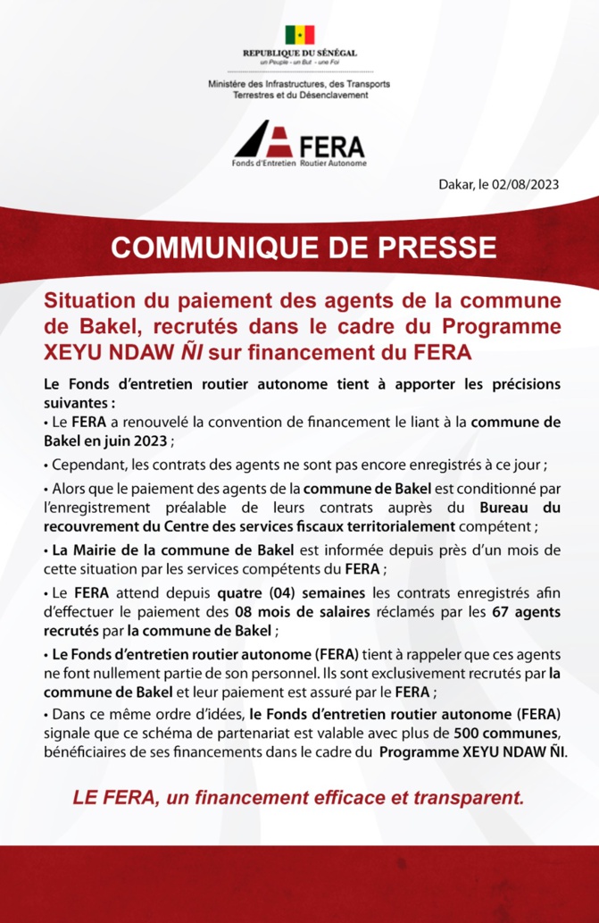 Réclamation des agents de la Commune de Bakel: Le Fera attend les contrats enregistrés pour le paiement des 08 mois de salaires réclamés