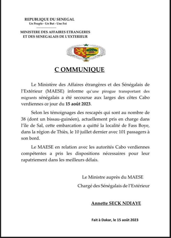 Cap Vert: Une pirogue de pêcheurs de Fass Boye, retrouvée avec 38 survivants à bord