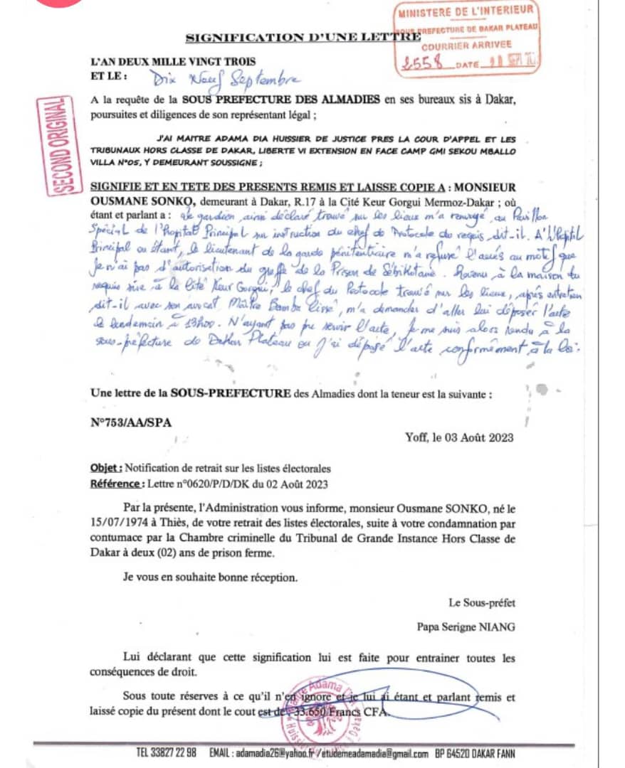 Notification de la radiation d'Ousmane Sonko sur les listes électorales