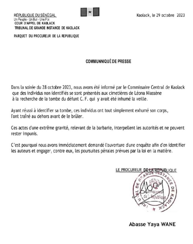 Kaolack/ Le corps de C.F exhumé et brûlé: Le Commissariat central traque les auteurs de l’acte ignoble