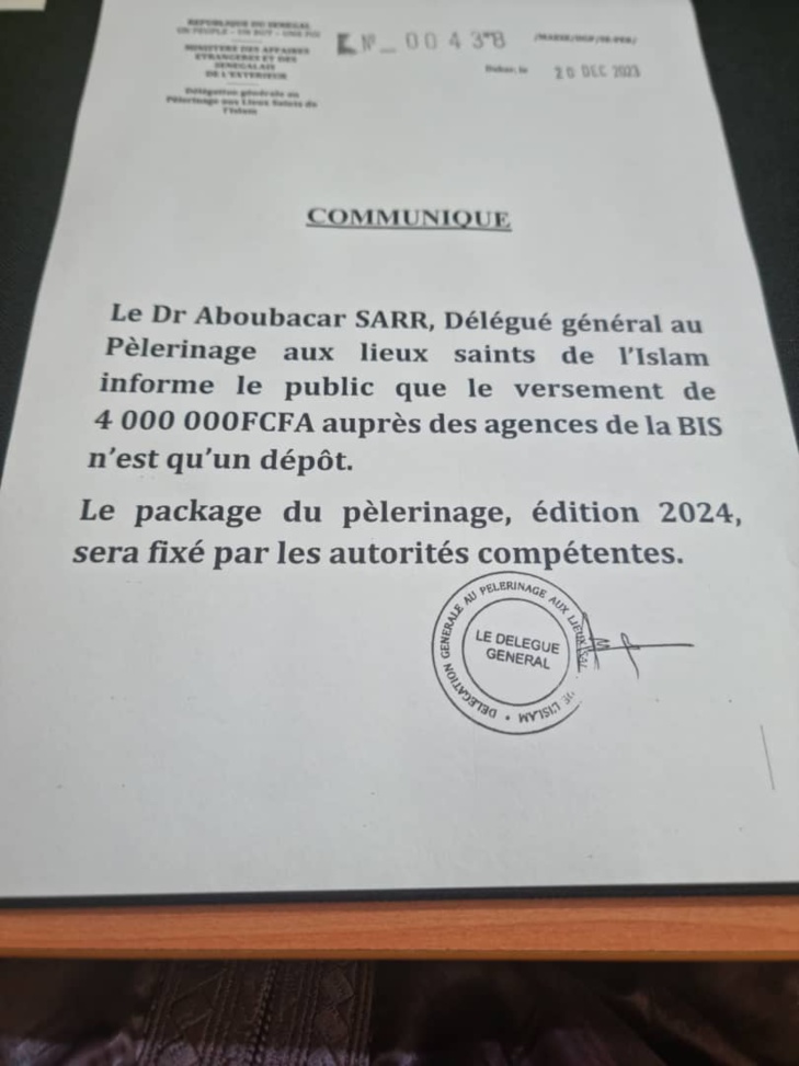 Dr Aboubacar Sarr, Délégué général au Pélerinage: « Le versement de 4 millions de FCfa auprès des Agences de la Bis n’est qu’un dépôt... »