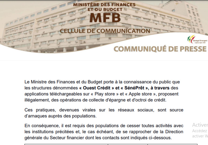 Banques en ligne « Ouest Crédit » et « SénéPrêt »: Le Ministre des Finances et du Budget, alerte sur les pratiques de ces structures