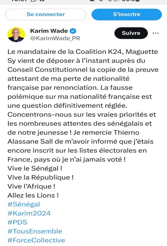 Présidentielle 2024 : Karim Wade dépose au Conseil constitutionnel, une copie de sa perte de nationalité française et clôt le débat….