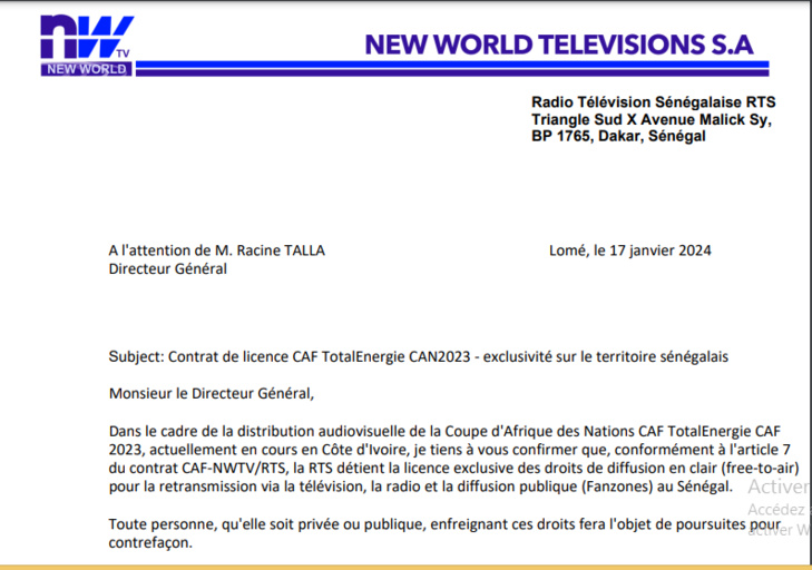 CAN2023 / Exclusivité des Fanzones détenue par la Rts: Un courrier de NWTV met fin à ce débat