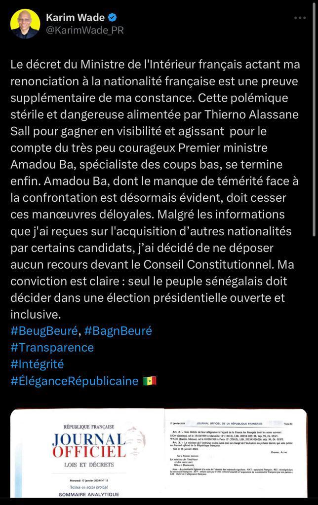 Présidentielle 2024: Décret du Ministre de l’Intérieur francais, actant la renonciation à sa nationalité francaise, publié au Journal officiel,  ce mercredi