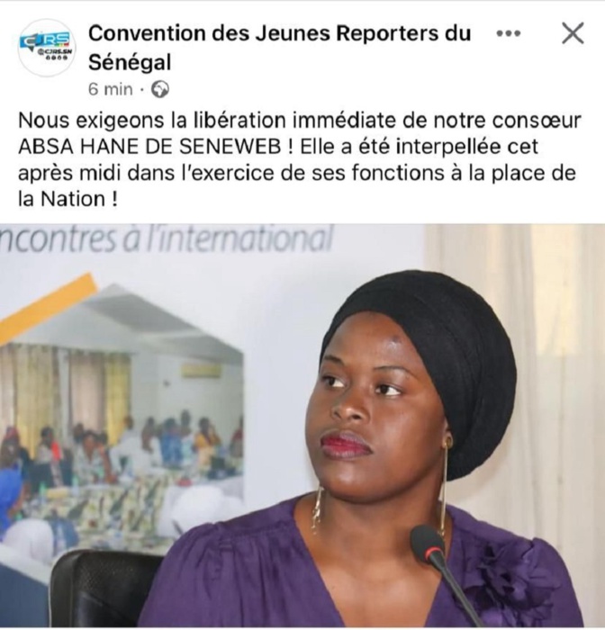 Absa Hane de Seneweb blessée et sous arrestation : La Convention des Jeunes Reporters du Sénégal exige sa libération
