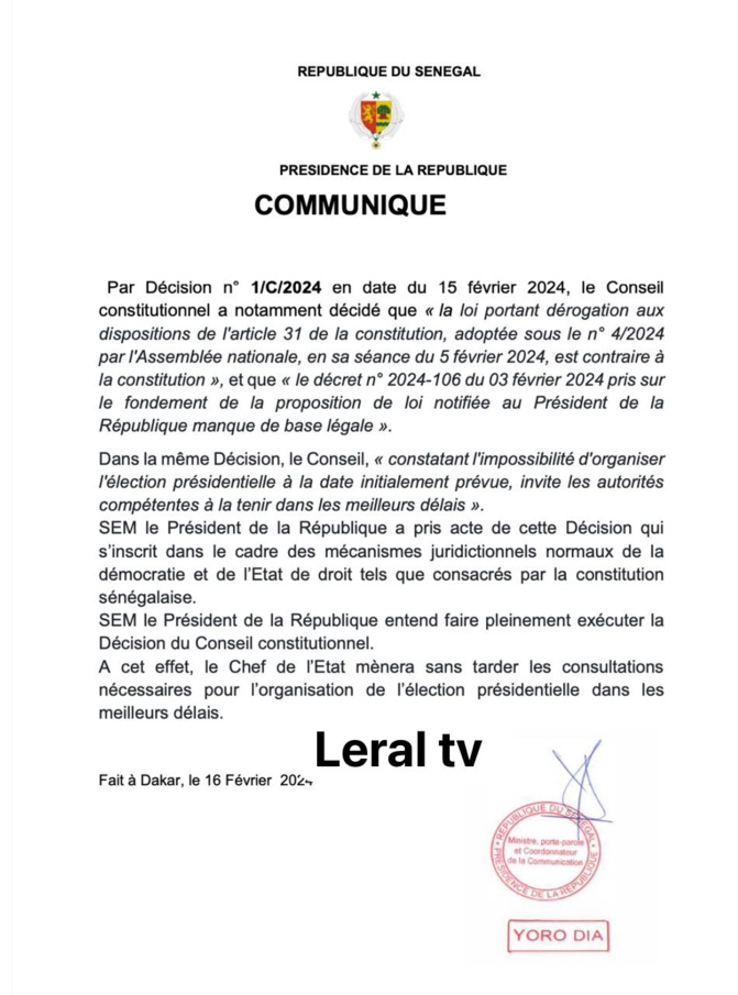 Après la décision du Conseil constitutionnel : Le Président Macky Sall prend acte et entend la faire exécuter