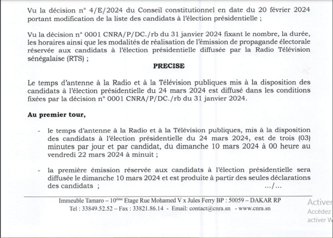 CNRA / Election présidentielle 2024: Communiqué relatif à la diffusion du temps d’antenne des candidats