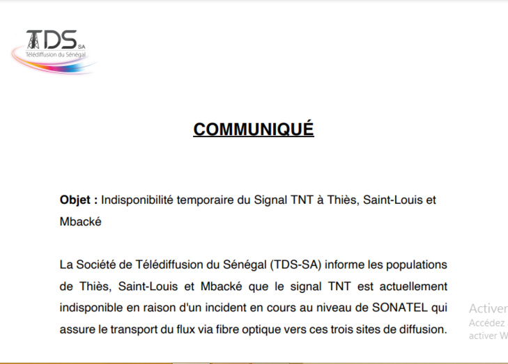 Suite à un incident en cours au niveau de la Sonatel : Le signal TNT est actuellement indisponible sur Thiès, Saint-Louis et Mbacké 