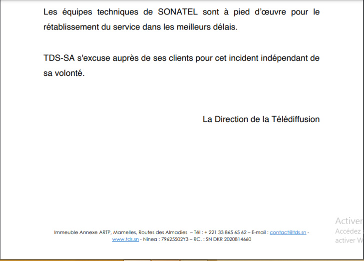 Suite à un incident en cours au niveau de la Sonatel : Le signal TNT est actuellement indisponible sur Thiès, Saint-Louis et Mbacké 