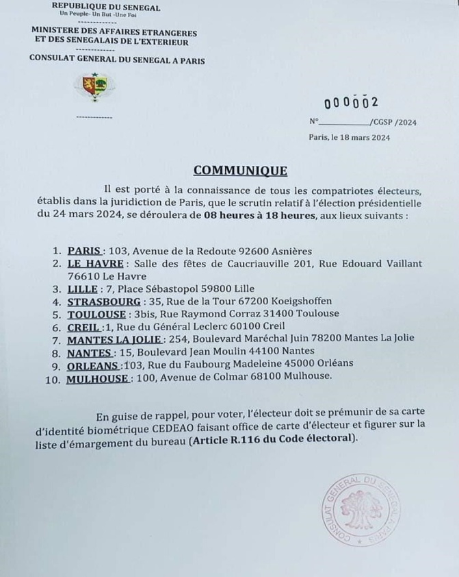 Diaspora et Présidentielle 2024 / Consulat général du Sénégal à Paris : Heures et lieux de vote