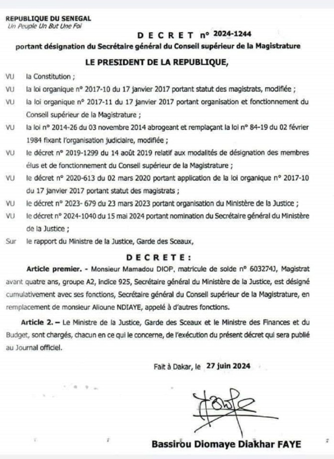 Conseil Supérieur De La Magistrature : Le magistrat Mamadou Diop Nouveau Secrétaire Général