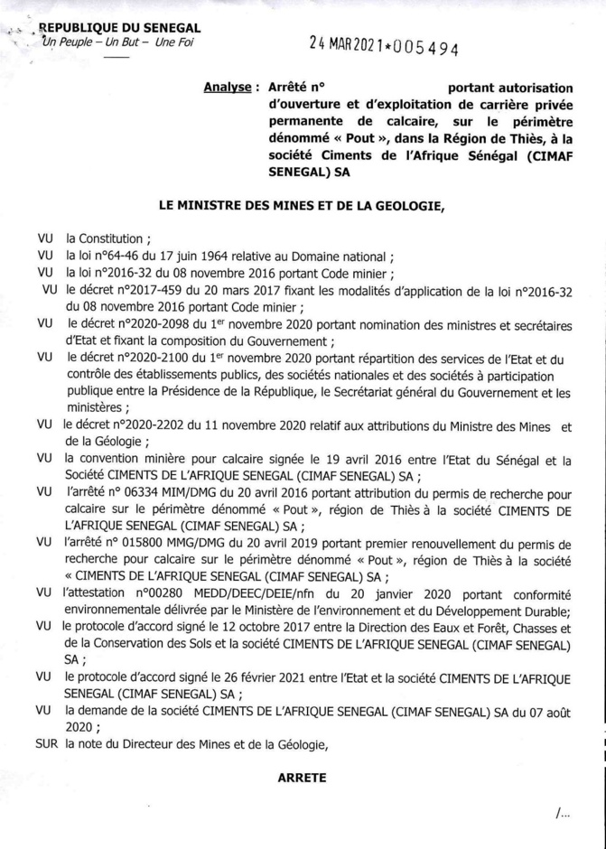 La société Ciments de l’Afrique Sénégal à Pout ; ce que fixe l’arrêté-005494 portant sur son autorisation, ouverture, exploitation