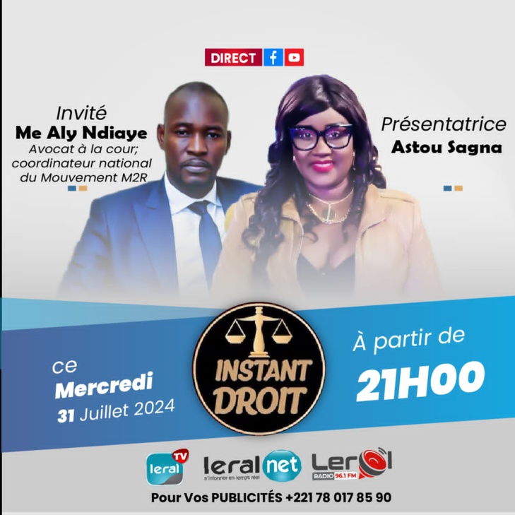 « Instant Droit » sur Leral Tv, ce mercredi : Astou Sagna et son invité, Maître Aly Ndiaye, Avocat à la Cour feront une immersion sur la loi sur les divorces et ses contours
