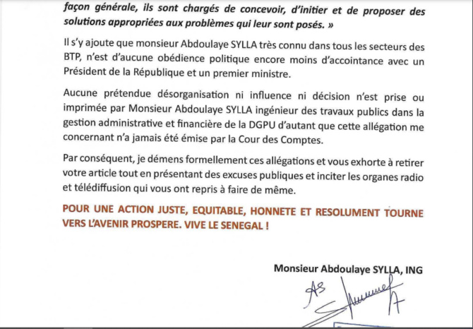 Suite à l’article de Leral.net, « Rapport accablant de la Cour des comptes ou scandale à la DGPU » : Abdoulaye Sylla dément et précise…