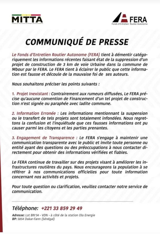 Suspension des Projets Routiers à Mbour - information Erronée: Fausses Allégations sur la Suspension du Projet