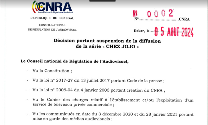 CNRA : Décision portant suspension de la diffusion de la série « Chez JOJO »