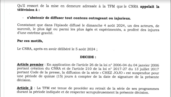 CNRA : Décision portant suspension de la diffusion de la série « Chez JOJO »