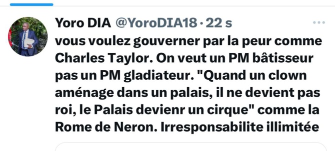 Dr Yoro Dia, ancien Ministre : « Après le gangstérisme politique dans l’opposition comme Hitler… le Premier Ousmane Sonko veut gouverner par la peur comme Charles Taylor »