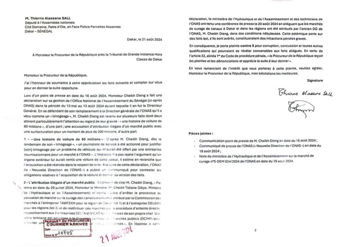 Promesse d'une plainte contre X dans l’affaire « ONAS » : Thierno Alassane Sall  joint l’acte à la parole