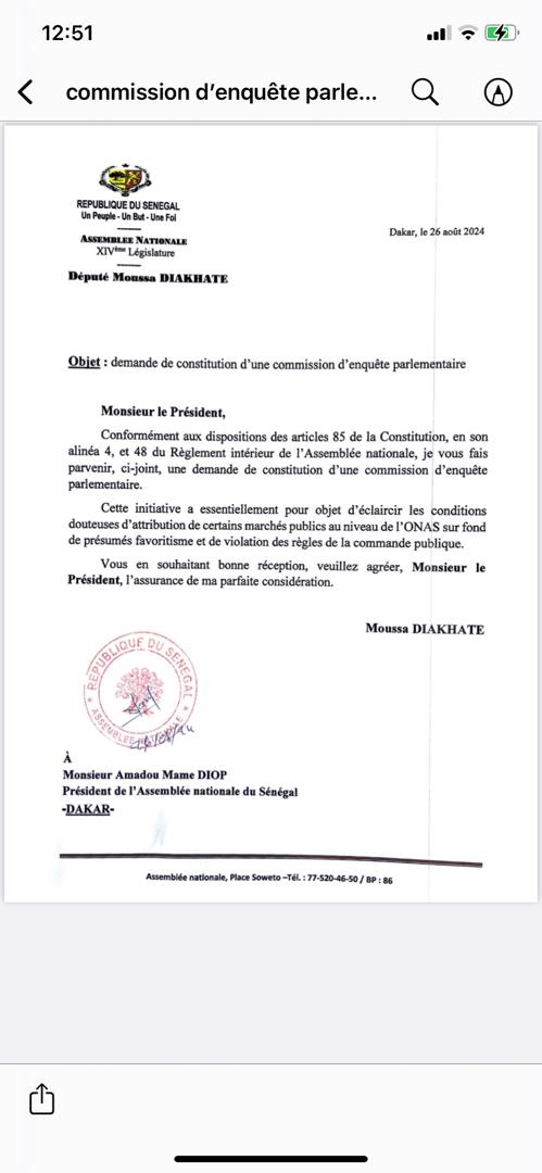 Affaire l'ONAS: le député Moussa Diakhaté exige une enquête parlementaire