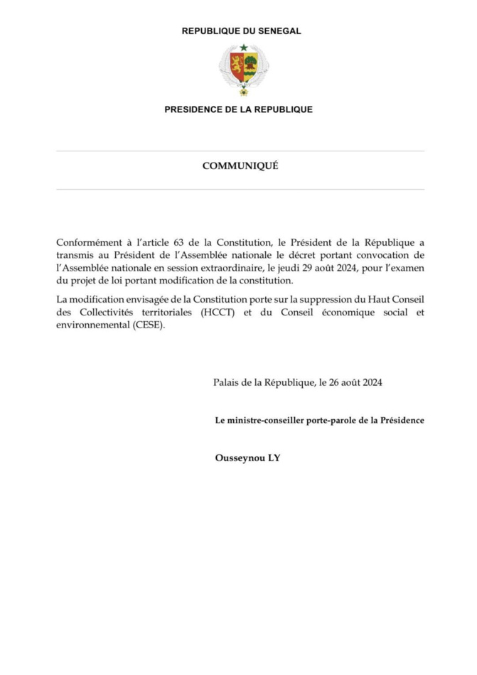 Le Président Diomaye FAYE a décidé de dissoudre le Hcct et le Cese !