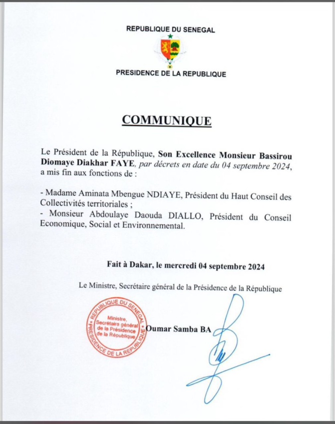 La dissolution de HCCT et CESE rejetée : Bassirou Diomaye Faye limoge Aminata Mbengue Ndiaye et  Abdoulaye Daouda Diallo