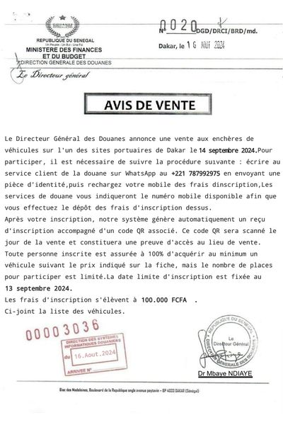 Avis de vente de véhicules attribué à la Douane : C’est une fake news