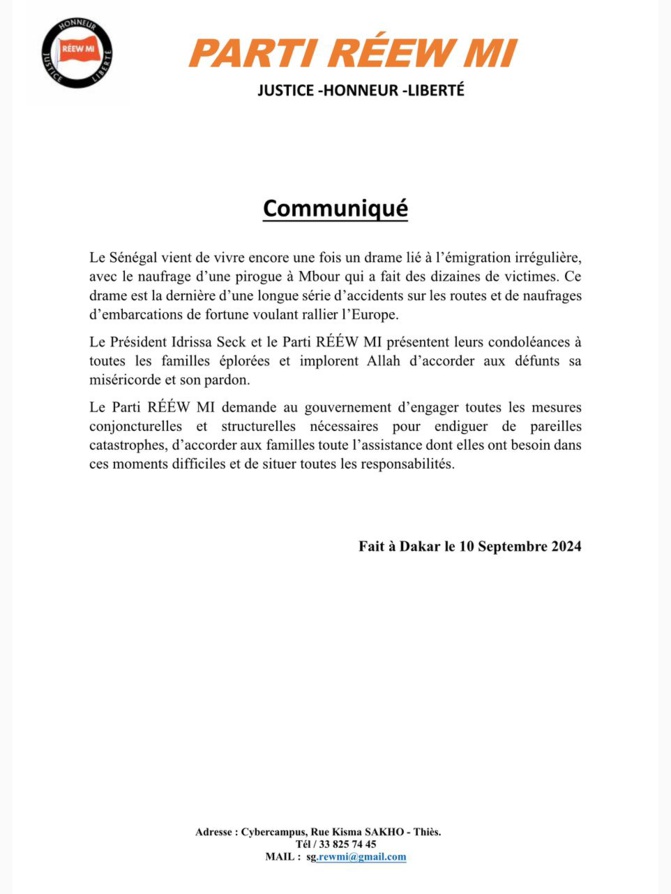 Naufrage et accidents :Idrissa Seck et le parti REEW MI présentent leurs condoléances aux familles éplorées