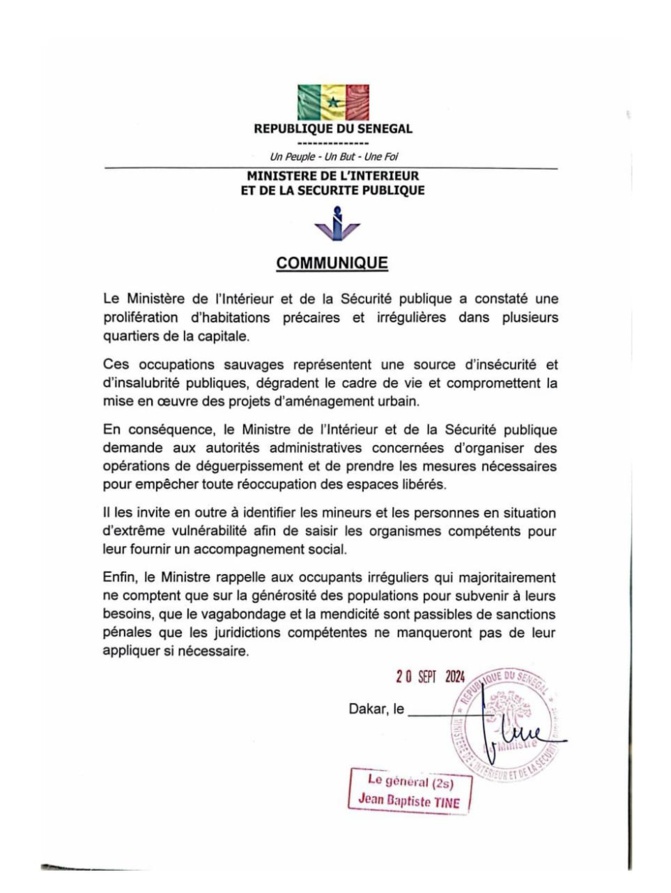 Dakar : Jean Baptiste Tine, Ministre de l’Intérieur et de la Sécurité publique, veut rayer de la carte, les habitats précaires et irréguliers de plusieurs quartiers de la capitale