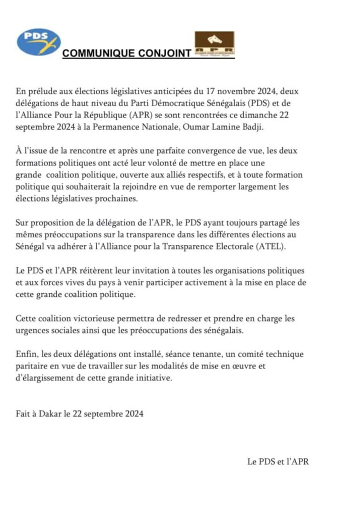 PDS-APR : Les deux formations politiques ont acté une volonté de mettre en place une grande  coalition