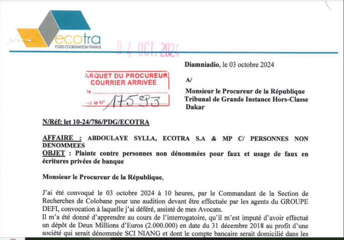 Accusé d’avoir déposé plus de 2 millions d’Euros au profit d’une société privée : Abdoulaye Sylla Ecotra porte plainte contre X, pour faux et usage de faux en écritures privées de banque