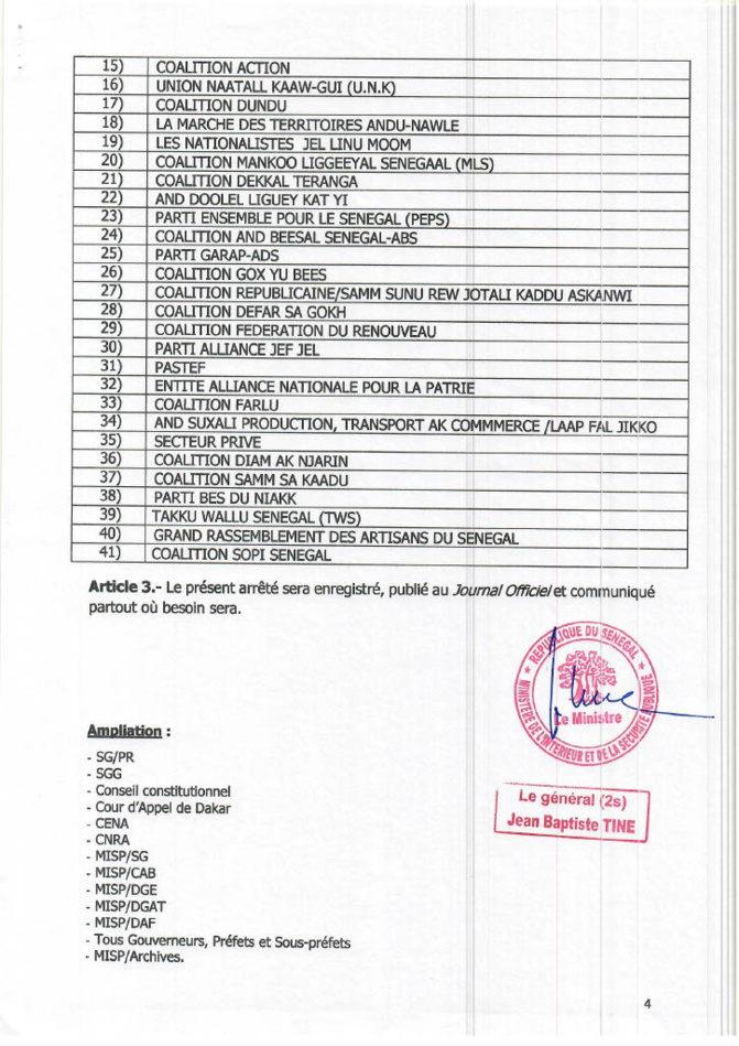 Législatives de Novembre 2024 : L’arrêté ministériel qui dresse la liste validée ou invalidée des participants