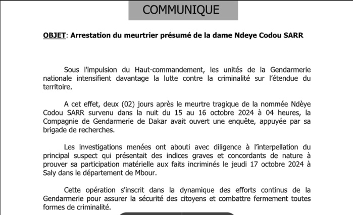 Arrestation du meurtrier présumé de la dame Ndeye Codou SARR : Les explications détaillées de la gendarmerie nationale