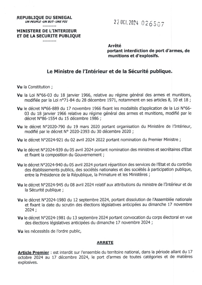 Arrêté ministériel: Suspension du port d'armes et de munitions pour assurer l'ordre public, du 17 octobre au 17 décembre 2024