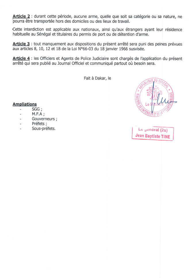 Arrêté ministériel: Suspension du port d'armes et de munitions pour assurer l'ordre public, du 17 octobre au 17 décembre 2024