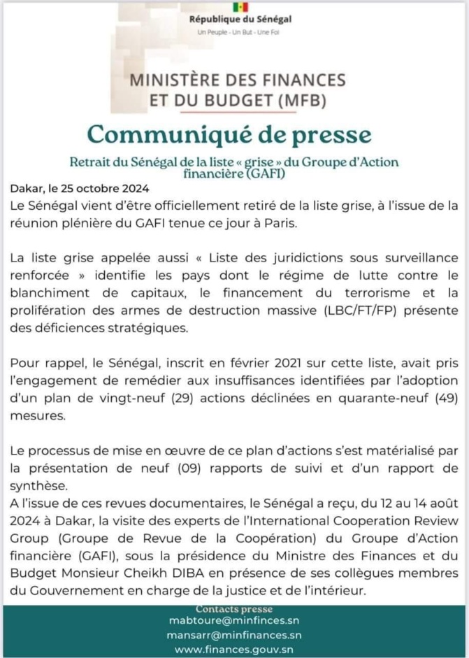 Le Sénégal officiellement retiré de la liste grise du GAFI