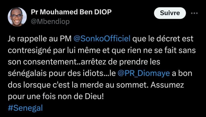 Nomination de Samba Ndiaye : Mouhamed Ben Diop demande à Ousmane Sonko, d’assumer et d’arrêter de prendre les Sénégalais pour des idiots