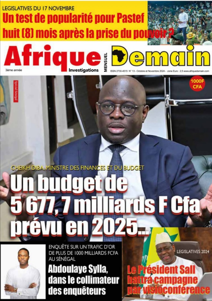 Le magazine "Afrique Demain" en vente à Dakar : A sa Une, Cheikh Diba, Ministre des Finances et du Budget, Abdoulaye Sylla devant le Pool judiciaire et financier…