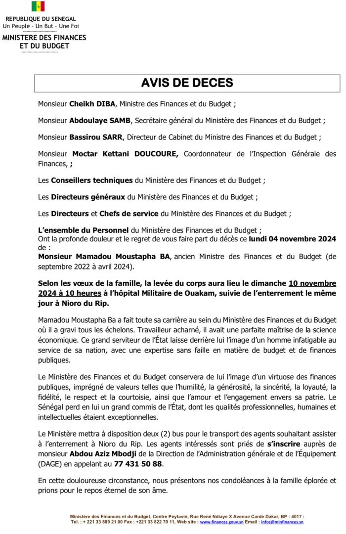 Cheikh Diba et l’ensemble du Ministère des Finances, pleurent Mamadou Moustapha Bâ : Des éloges émus de la part de ses anciens collègues