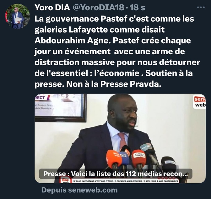 Dr. Yoro Dia, ancien Ministre: « La gouvernance Pastef, c’est comme les galeries Lafayette… »