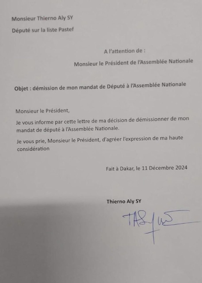 Thierno Aly Sy, suppléant d'Abass Fall, renonce à son mandat de député