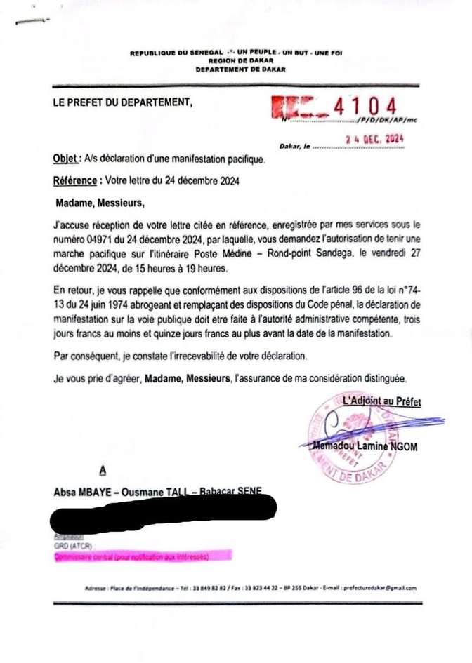 En soutien à Barthélémy Dias : La marche pacifique de la Jeunesse de Dakar avec Barth, prévue ce vendredi, interdite par le Préfet 